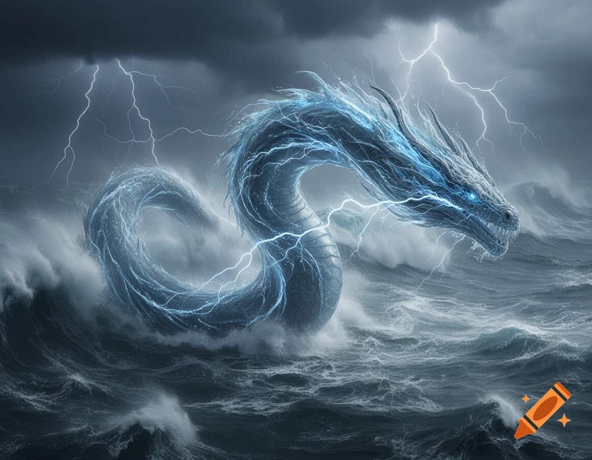 A giant electric blue dragon with glowing eyes emerges from a stormy, lightning-filled ocean.