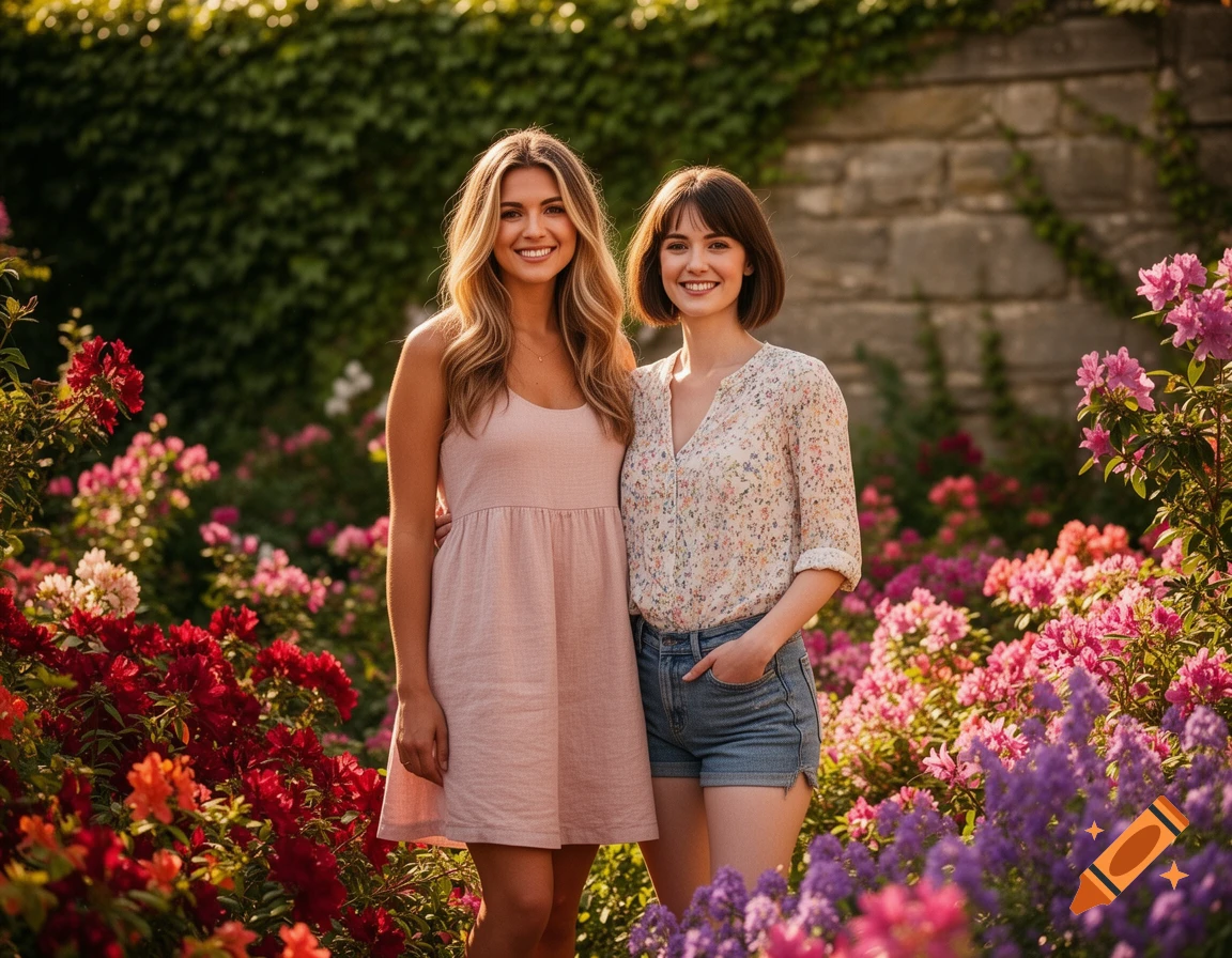Two smiling young women pose side-by-side in a vibrant, sunlit flower garden with a stone wall backdrop, photorealistic.