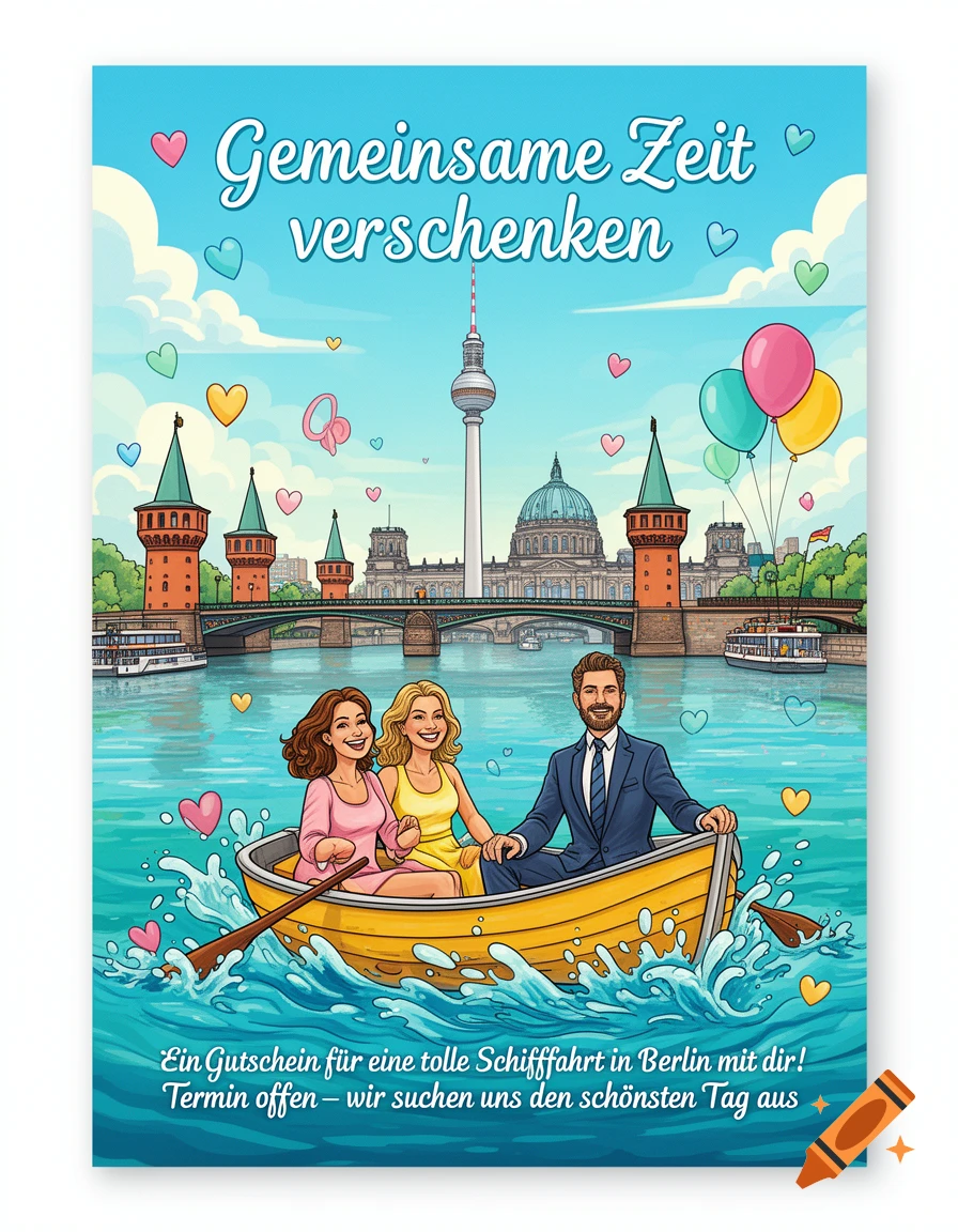 Colorful cartoon illustration of three smiling people in a yellow boat on a river with Berlin landmarks in the background. German text reads "Gemeinsame Zeit verschenken".