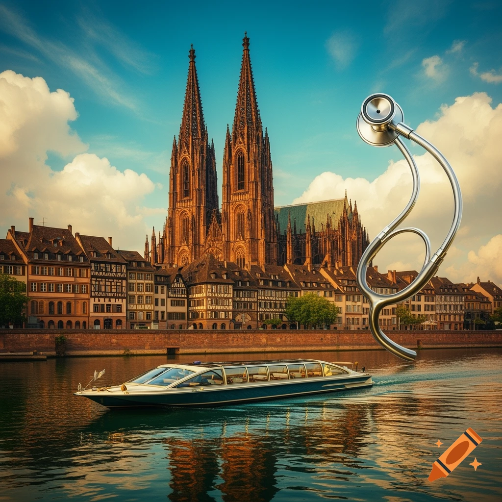 Strasbourg Cathedral and historic buildings line a river with a tour boat, while a large stylized stethoscope floats prominently.