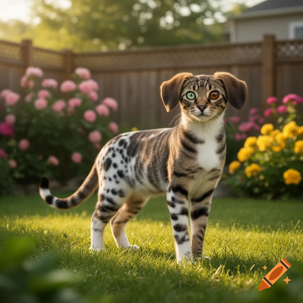 A photorealistic cat-dog hybrid with tabby and dalmatian markings, dog ears, and heterochromatic eyes stands in a sunny green garden.
