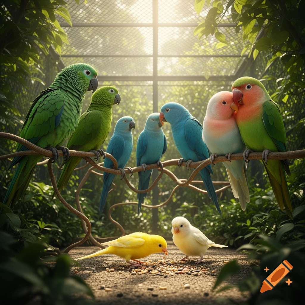 Photorealistic image of colorful parrots, lovebirds, and canaries in a lush aviary, some perched, some foraging on seeds.