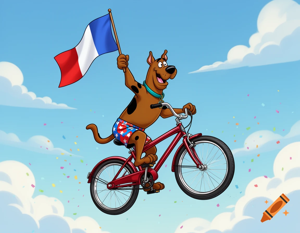 Cartoon Scooby Doo on a bicycle in the sky, wearing star-spangled shorts, waving a French flag, amidst confetti.