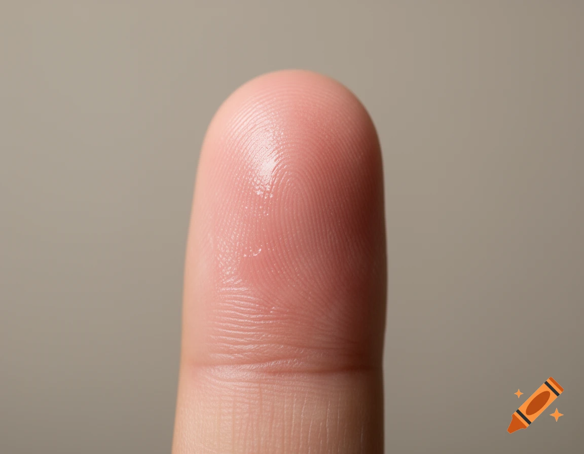 Close-up of a human fingertip with visible fingerprints and slight moisture, photorealistic.