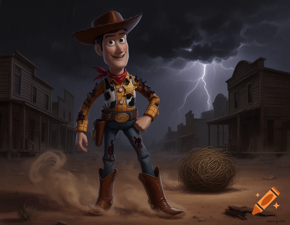 Woody from Toy Story as a villain, standing in a dusty old western town under a stormy, lightning-filled sky.