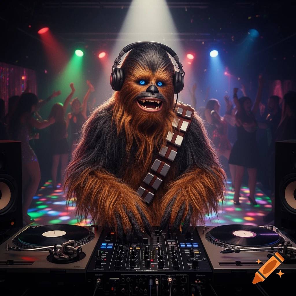 Photorealistic Chewbacca DJing at a lively nightclub party with colorful lights.