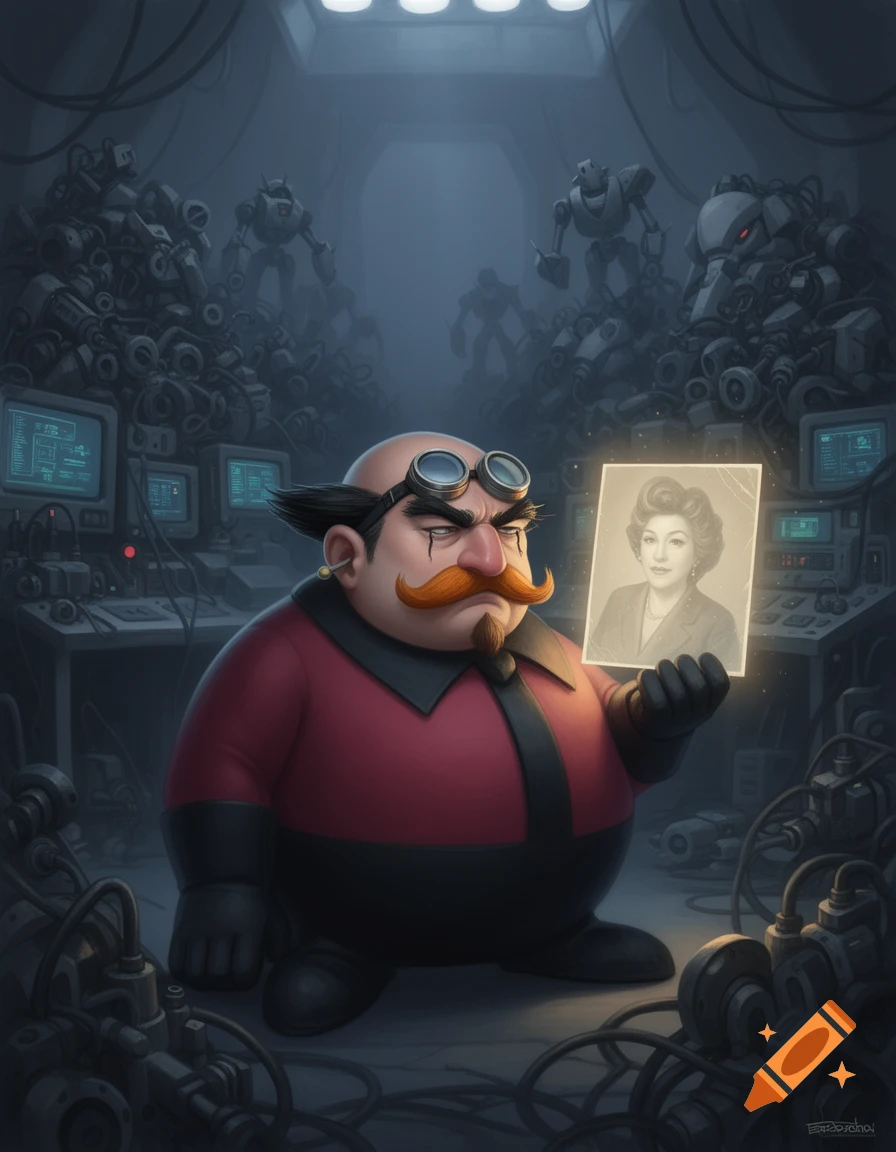 Dr. Eggman, a cartoon villain, sadly holds a glowing photo of a woman in a dimly lit lab filled with machinery and inactive robots.