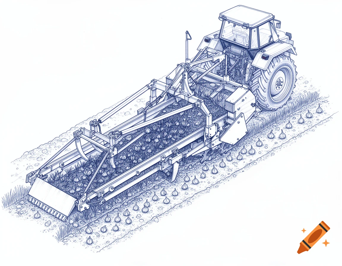 Detailed blue line drawing of a tractor pulling a saffron/onion harvesting machine in a field, with bulbs on the ground.