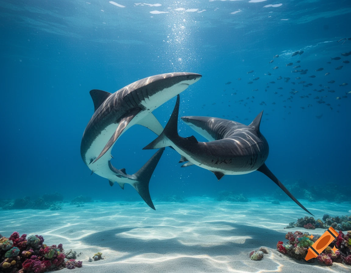 Two large sharks swimming gracefully in clear blue ocean water above a sandy seafloor with colorful coral.