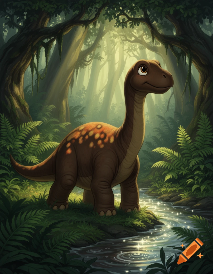 A cute brown cartoon brontosaurus with orange spots stands by a shimmering river in a lush, sunlit jungle.
