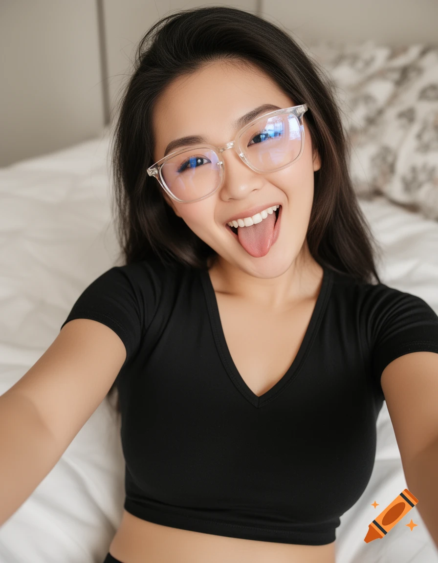 A cute Asian woman with clear glasses, wearing a black crop top, takes a selfie while sticking out her tongue.