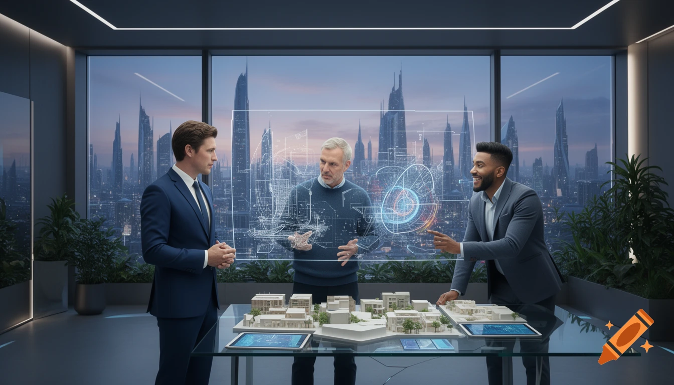 Three professionals collaborate in a modern office, discussing architectural models and holographic data visualizations of a futuristic city at twilight.