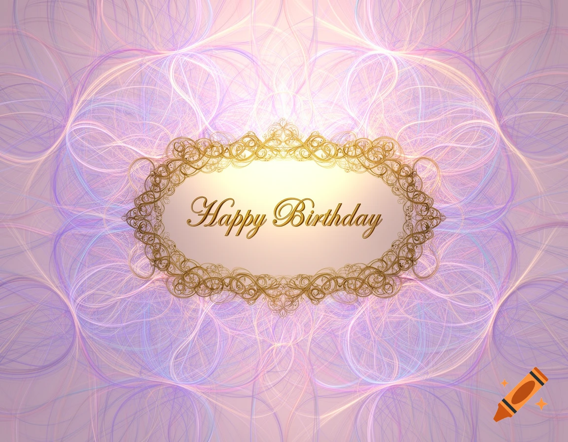 A shimmering golden oval frame with 'Happy Birthday' text, set against an ethereal background of swirling pink and purple lines.