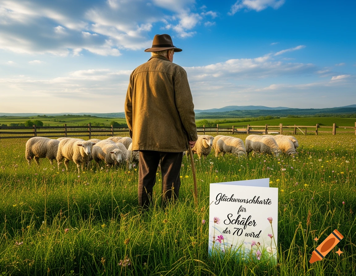 A shepherd in a hat stands in a green field with sheep, facing away from the camera, next to a birthday card for his 70th birthday.