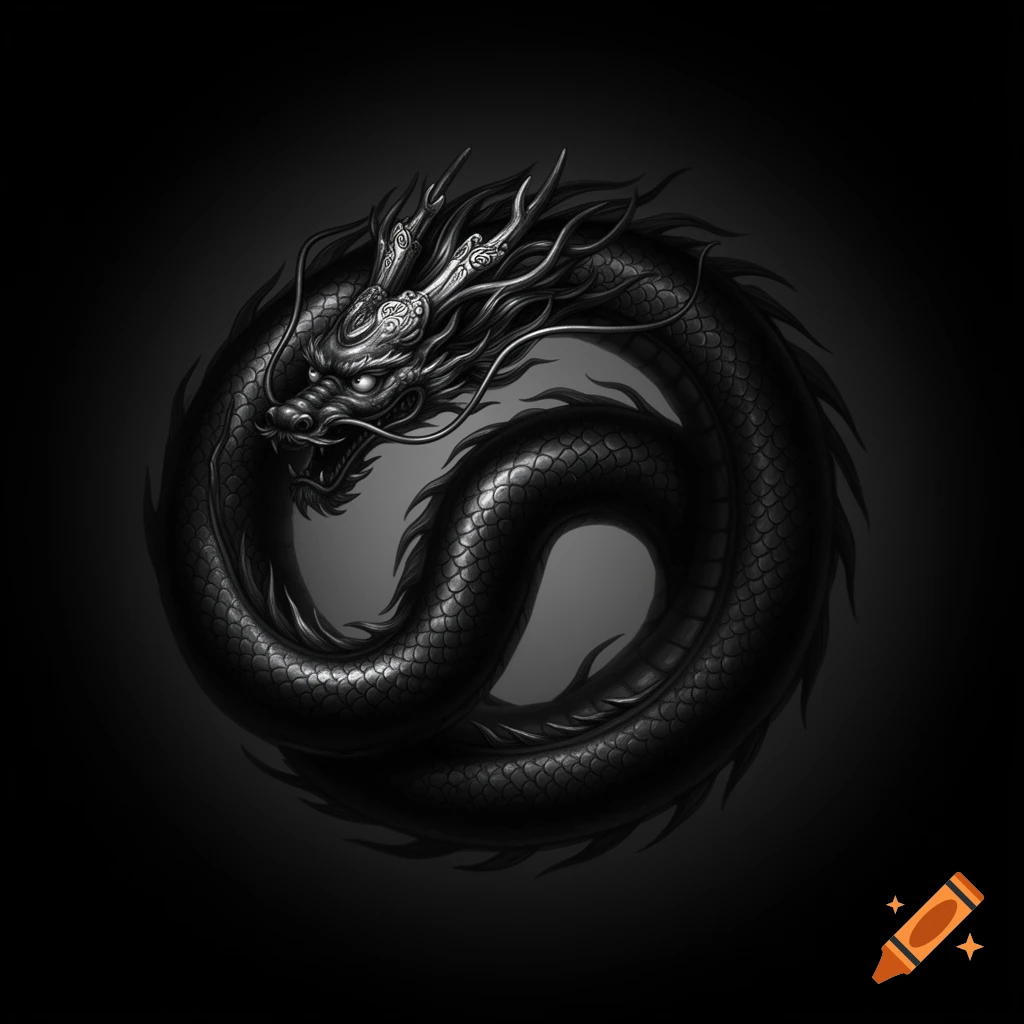 A dark, stylized Chinese dragon coiled in a circular shape, with intricate scales and glowing eyes, on a dark background.