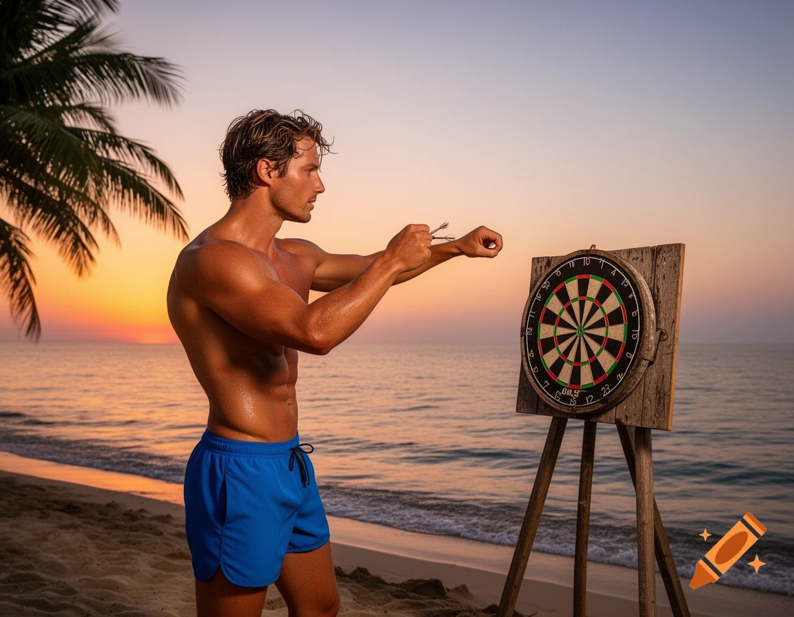 A shirtless man in blue swim trunks plays darts on a beach at sunset, with a palm tree and the sea in the background.