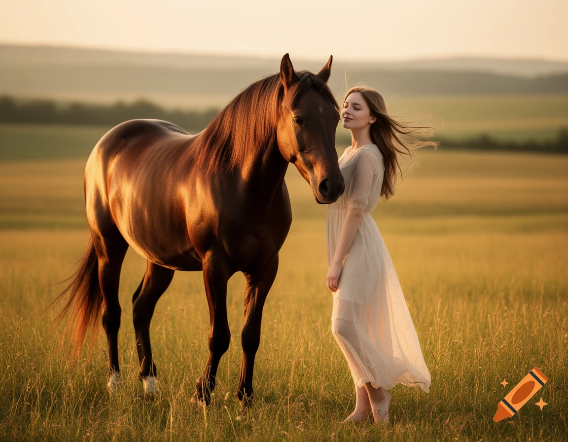 Young woman with long hair in a white dress standing next to a brown horse in a sun-drenched meadow at golden hour, photorealistic.