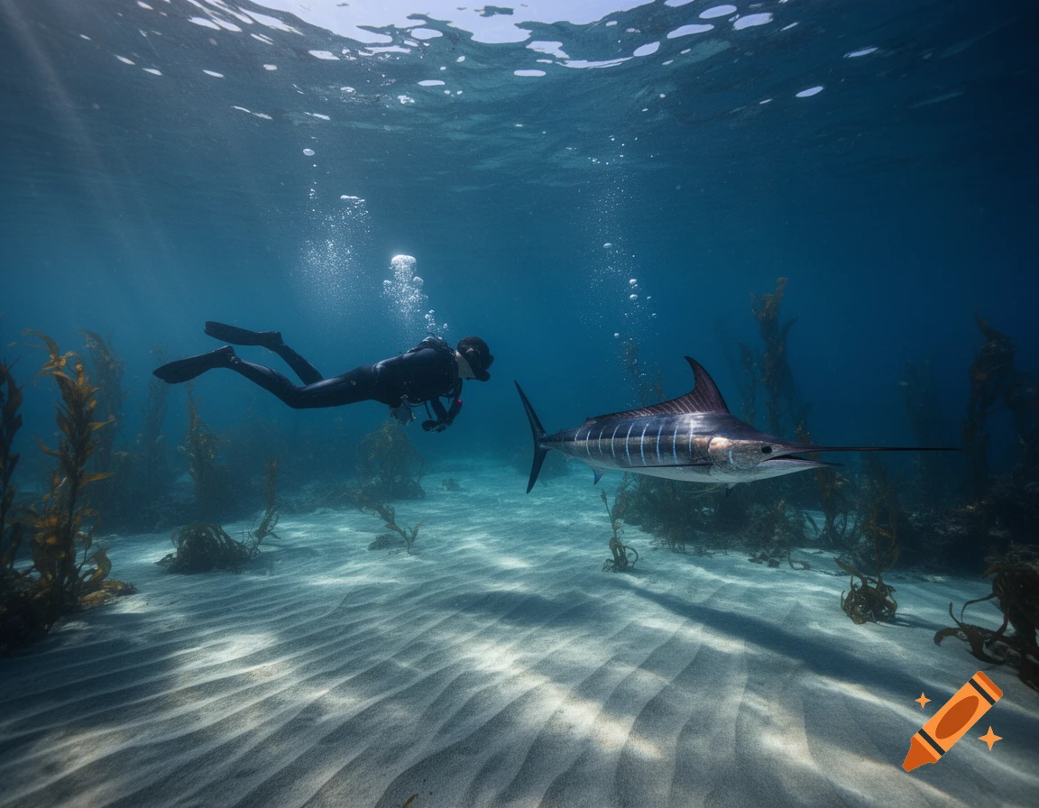 A diver swims near a marlin among kelp in clear blue ocean water, seen from underwater.