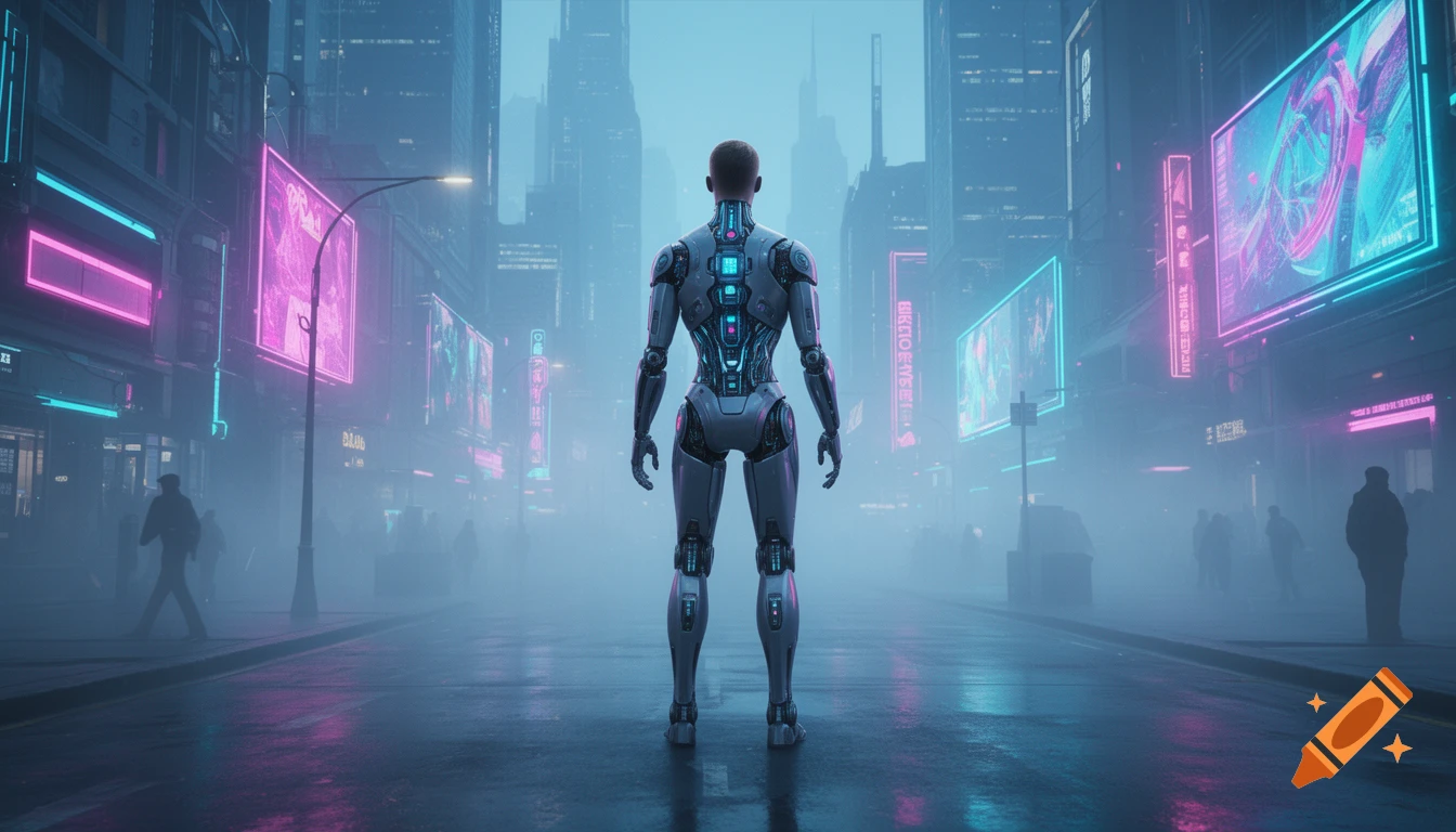 A humanoid robot stands facing away in a foggy, neon-lit cyberpunk city street, surrounded by towering buildings and glowing signs.