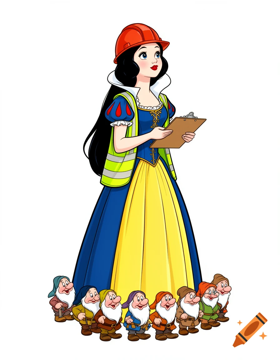 Cartoon Snow White as a construction foreman in a hard hat and safety vest, holding a clipboard, with the seven dwarfs below her.