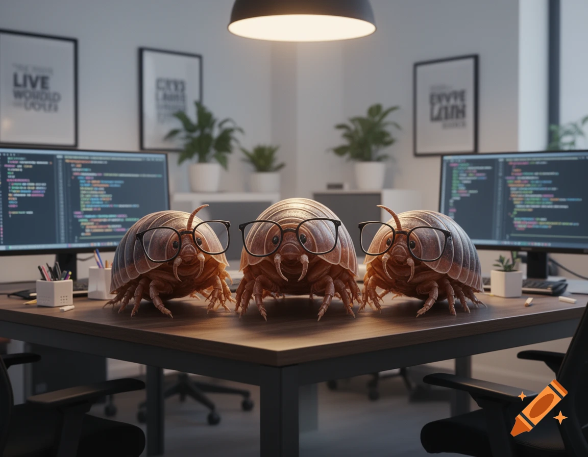 Three photorealistic pillbugs wearing glasses sit at a desk in a modern office with computers.