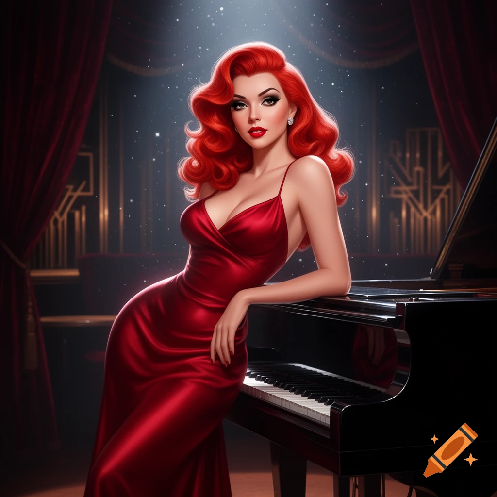 A glamorous red-haired woman in a red dress leans on a grand piano in a spotlighted, art deco club.