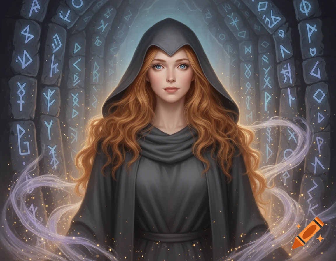 A red-haired woman with blue eyes in a dark grey hooded robe stands before a stone archway with glowing runes, detailed fantasy art.
