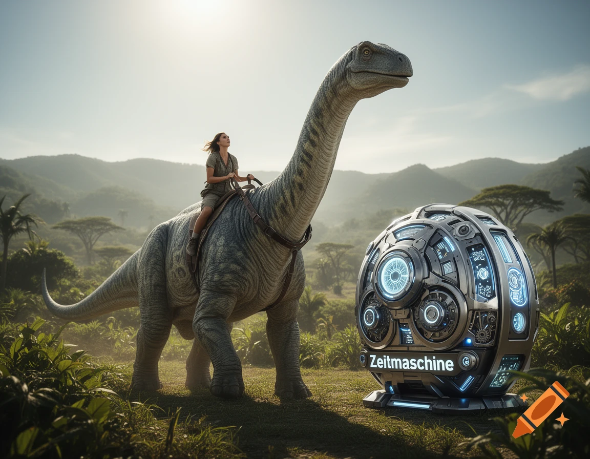 Photorealistic image of a woman riding a long-necked dinosaur in a jungle, next to a glowing time machine.