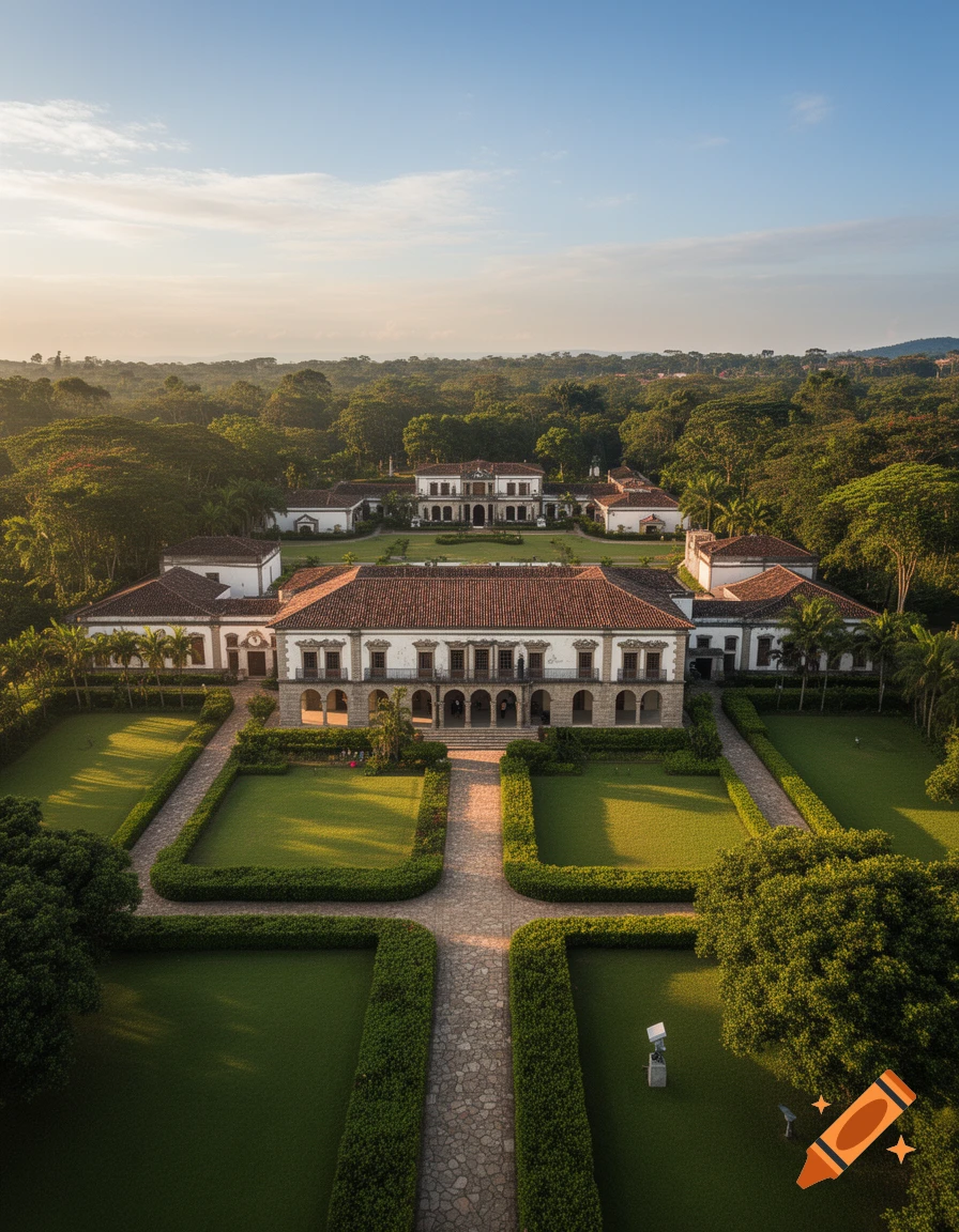 Aerial view of a grand white mansion with a red-tiled roof, surrounded by extensive manicured gardens, stone pathways, and lush green trees under a clear sky.