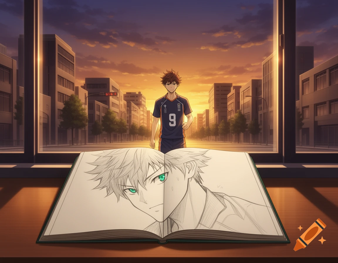 An anime character sketch in an open notebook on a table, with another anime character in a sports jersey walking on a city street at sunset visible through a window.