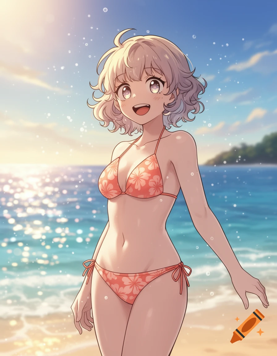 An anime girl with curly white hair smiles cheerfully in a flowered bikini on a sunny beach with sparkling ocean water.