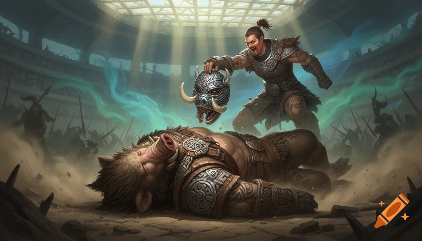 A victorious warrior holds a boar mask over his unconscious boar-faced opponent in a grand arena.