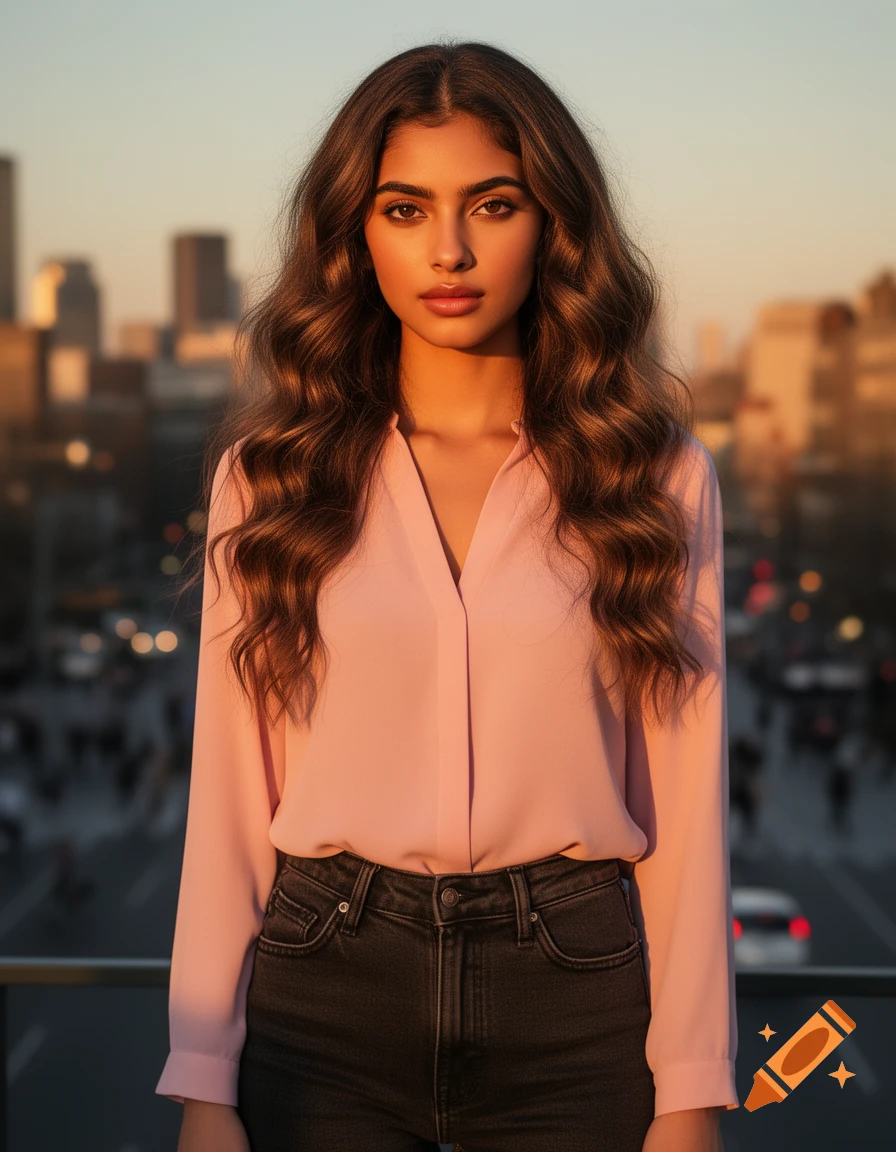A young woman with long wavy brown hair, wearing a pink blouse and dark jeans, stands on a rooftop with a blurred city skyline at sunset.