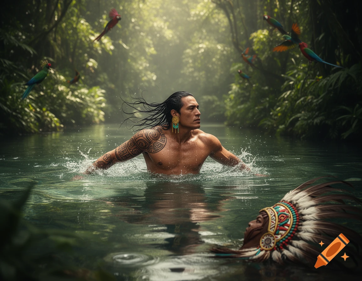 Muscular man with long hair and tribal tattoos swims in a jungle river. Colorful birds fly, a feathered headdress floats. Photorealistic.