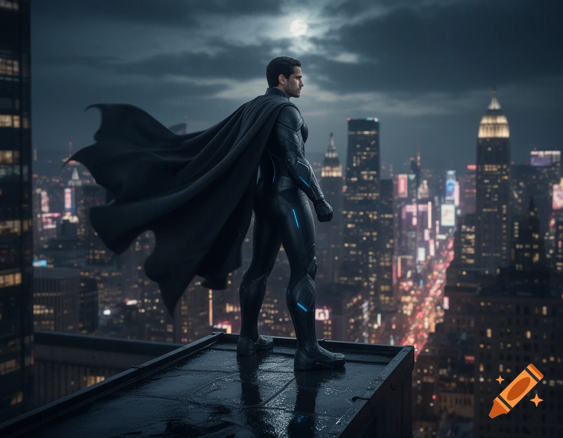 A male superhero in a dark suit and flowing cape stands on a wet rooftop, gazing at a sprawling city skyline under a full moon at night.