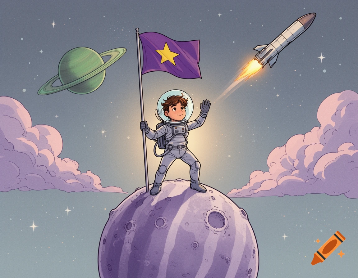 A cute cartoon astronaut boy stands on a purple moon, waving and holding a star flag, with Saturn, a rocket, and pink clouds in space.