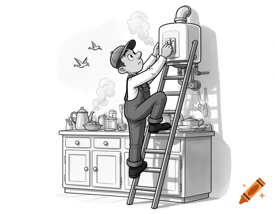 Black and white cartoon illustration of a man in overalls on a ladder fixing a boiler above a kitchen counter.