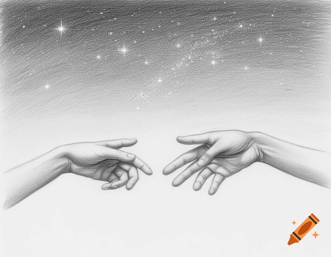 Black and white pencil sketch of two human hands reaching towards each other under a starry night sky.