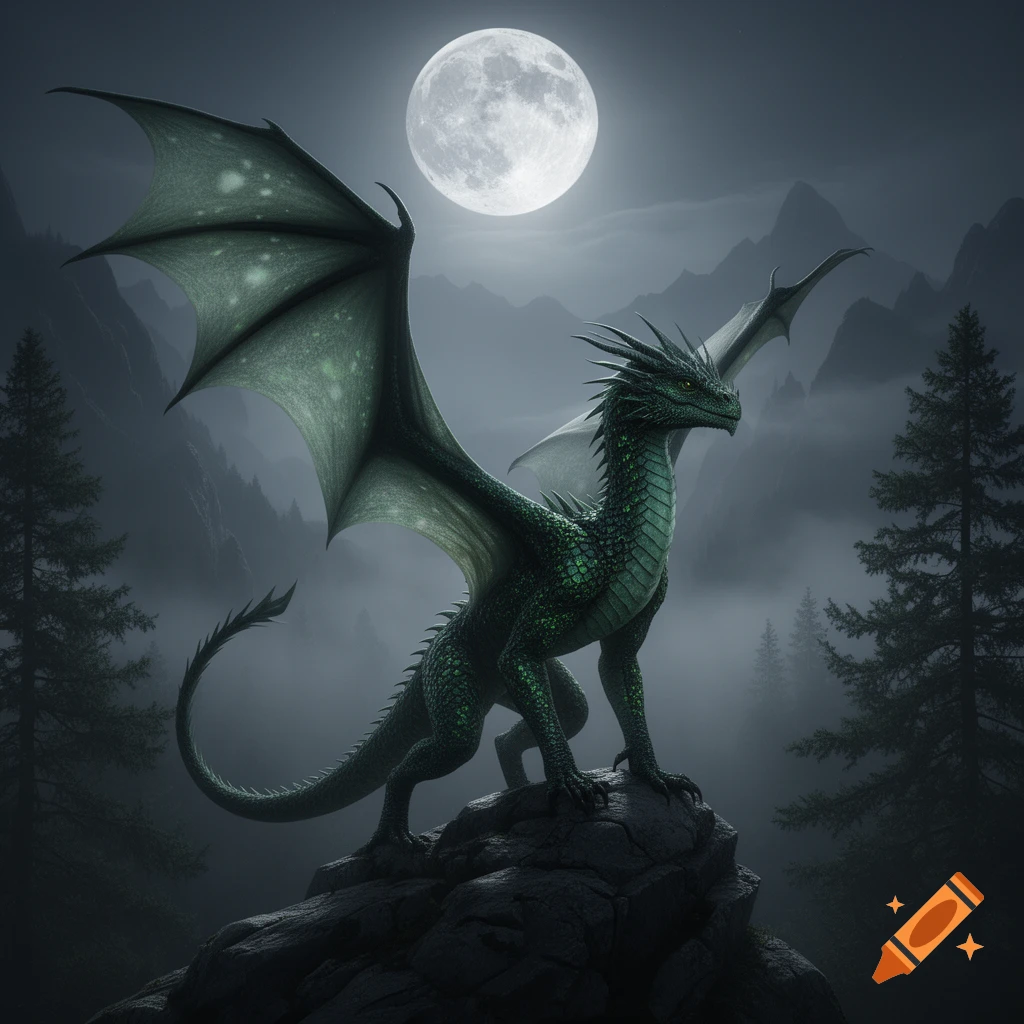 A majestic green wyvern stands on a rocky peak with wings slightly spread, under a large full moon in a misty, mountainous forest.