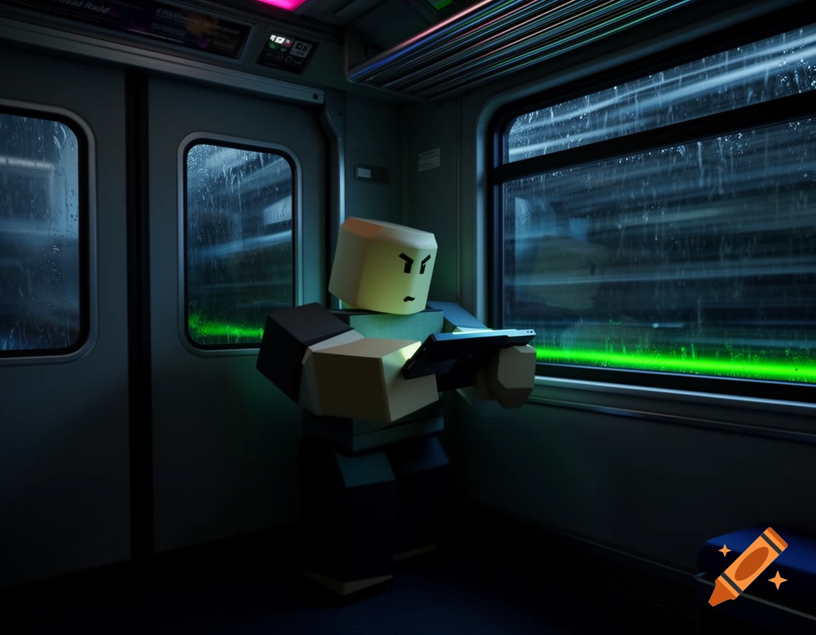 A blocky, Roblox-style character looks at a tablet inside a dark subway train with rainy windows and green lights outside.