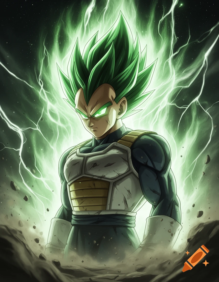 Anime character Vegeta with spiky green hair and glowing green aura, standing amidst swirling energy and debris.