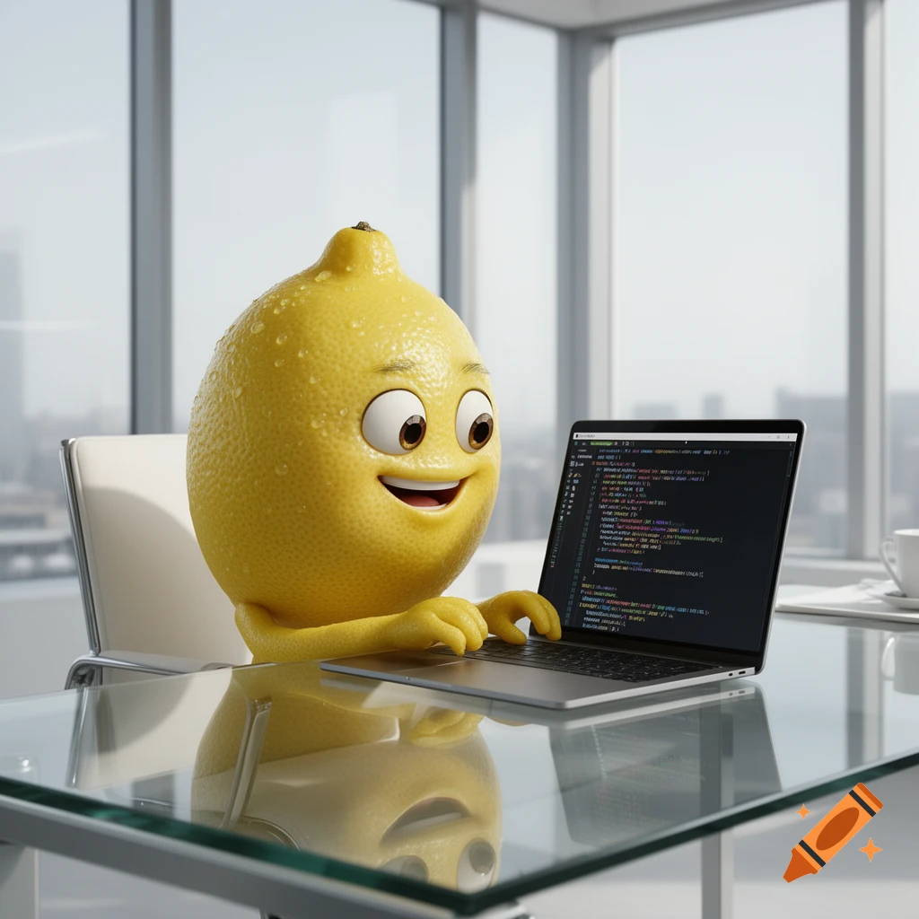 A cheerful, animated lemon character with arms types on a laptop, coding at a glass desk in a bright office with large windows.
