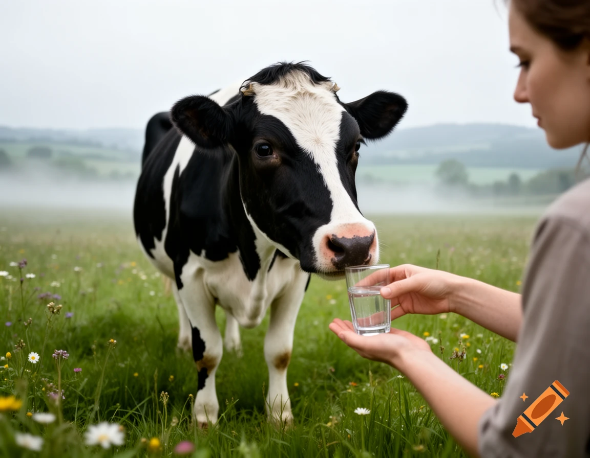 A black and white cow looks at a glass of water held by a person in a green, misty field.