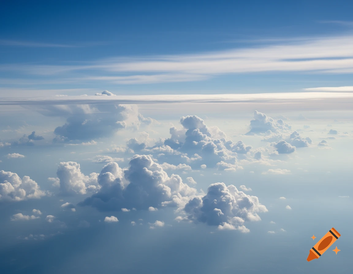 Photorealistic aerial view of fluffy white cumulus clouds and layered cirrus clouds against a bright blue sky.