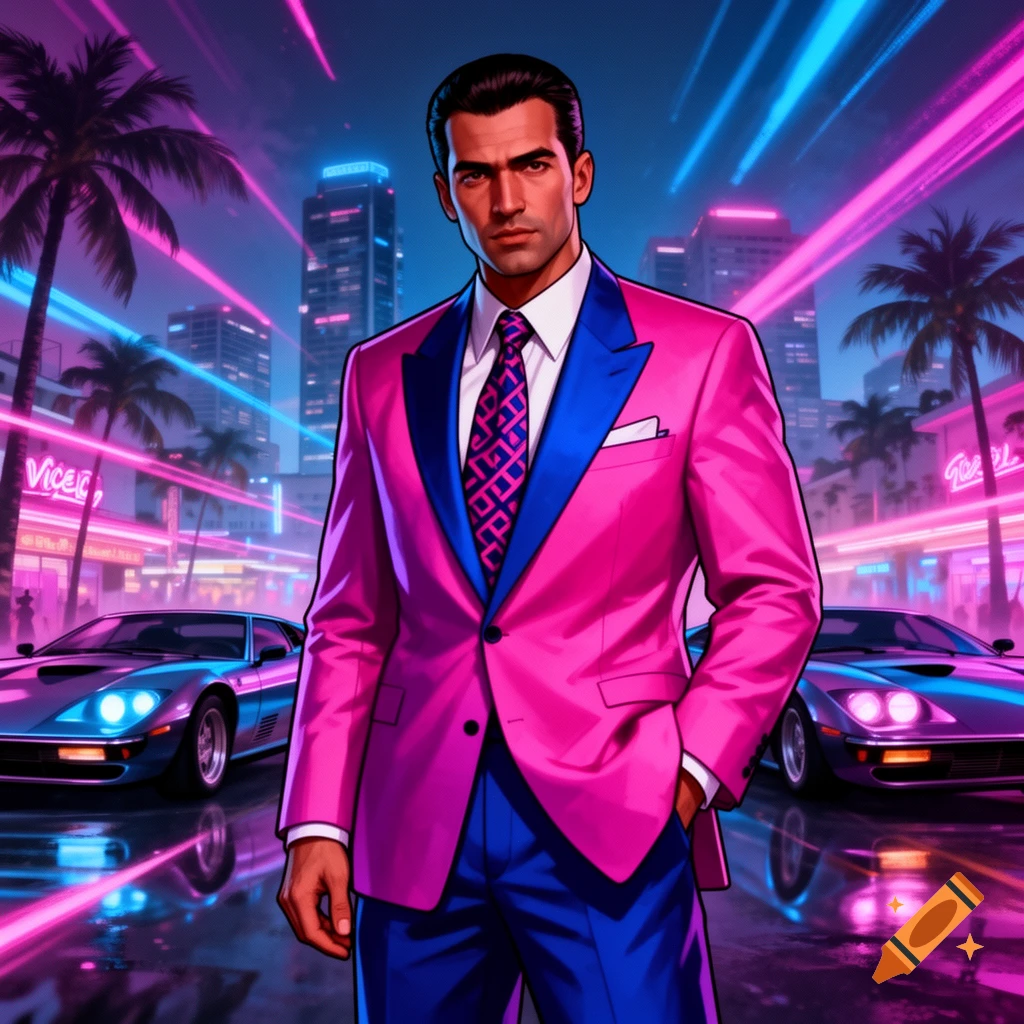 A man in a vibrant pink and blue suit stands in a neon-lit city street with sports cars, in a retro synthwave style.