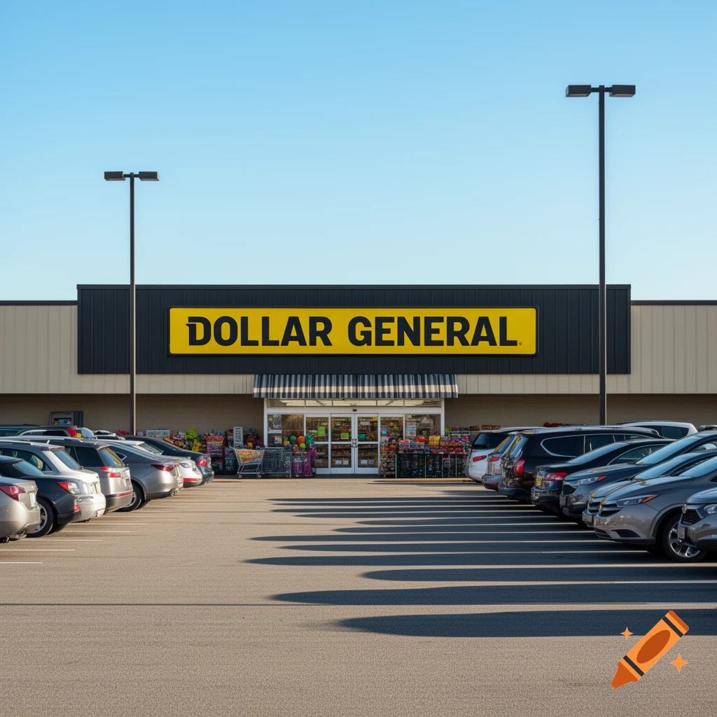 A Dollar General store with a yellow sign, seen from a parking lot filled with cars under a clear blue sky.