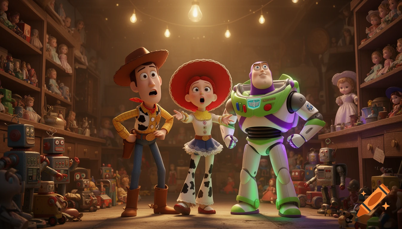 Woody, Jessie, and Buzz Lightyear look surprised in a cluttered antique toy store under string lights.