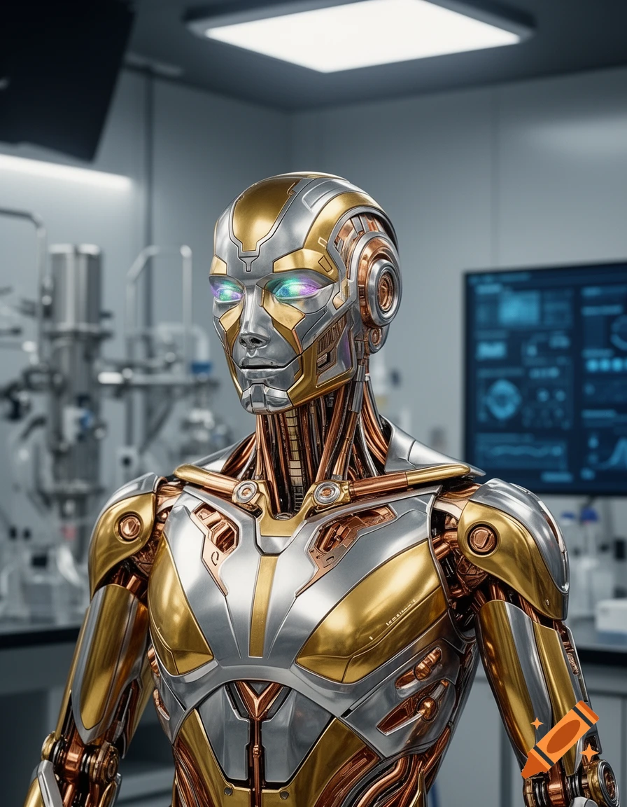 Upper body of a detailed gold, silver, and copper robot with glowing eyes, standing in a futuristic laboratory.