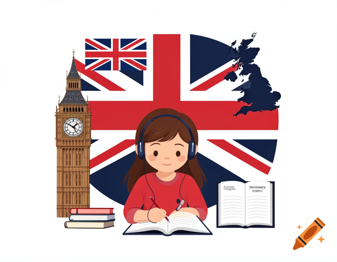 Cartoon of a girl with headphones studying English, with Big Ben, UK flag, and map in the background.