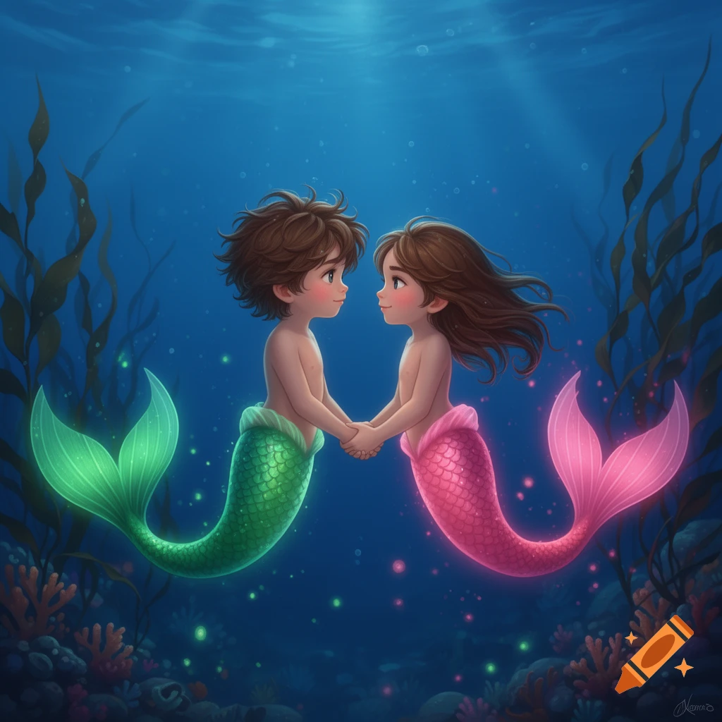 Two cartoon merchilds, a boy with a green tail and a girl with a pink tail, hold hands while looking at each other warmly underwater.